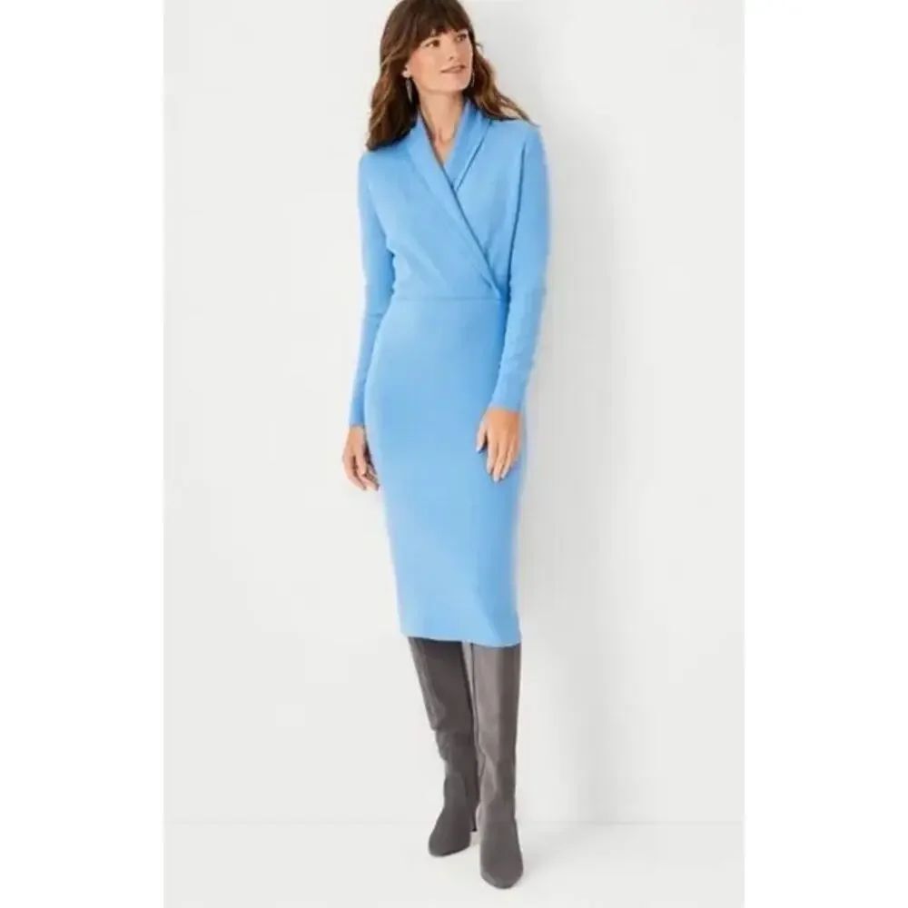 NWT Ann Taylor Shaw Collar Wrap Sweater Dress Baby Blue Knit Midi XS